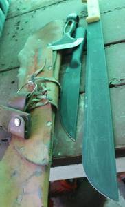 lot 184 image: Heavy Duty Machete, Cold Rolled Steel Knife and Survival Cutter with Scabbard for all as shown