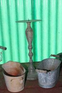 lot 186 image: Two Metal Flower Pots and Tall Aluminum Candle Holder