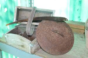 lot 197 image: Vintage Wooden Hardware Boxes, Vintage Pole Saw Blade and Cast Iron Pot Lid