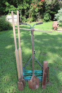 lot 206 image: Tools Vintage Lawnmower, Pole diggers and more