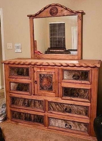 lot 2 image: Solid Wood Chest of Drawers with Mirror and Cowhide accent. Made in Mexico Matching Pieces in Lots 11, 8 & 101