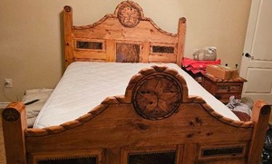lot 101 image: Beautiful, Solid Wood Queen Size Bed, Includes Headboard, Footboard and wooden Rails(Mattresss and Box Springs Available) Made in Mexico Matching Pieces in lots  2, 8, and 11