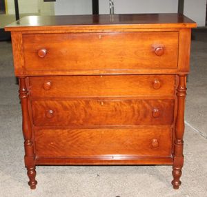 lot 51 image: Vintage Solid Cherry Empire Chest of Drawers with Turned Accents and legs, Missing Knob is Inside Drawer.