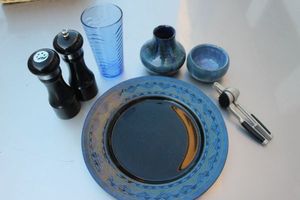 lot 282 image: Kitchen Items, Plate, Hand made Vase and bowl, Salt and Pepper set and Blue Glass