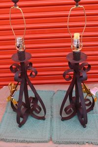 lot 276 image: Two Metal Lamps, Brown and Green in Colour and Green Decorative Mats