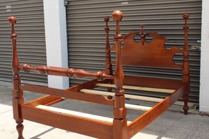 lot 233 image: Mid Century Vintage Full Size, Solid Cherry Cannonball Bed with Open Arch Headboard and Centre Finial Turned Posts and legs on Peg Feet (Headboard, Footboard, rails and Slats included 57x83.25x59.5