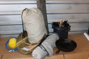 lot 310 image: Camping items, Sleeping bag Sunshade and Cookware