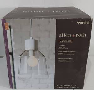 lot 14 image: ALLEN  ROTH MACKENSIE PENDANT CLEAR GLASS SHADE WITH WHITE FINISH IN BOX AS SHOWN.