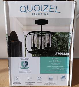 lot 26 image: QUOIZEL LIGHTING DAXTON 3-LIGHT SEMI-FLUSH MOUNT LIGHT FIXTURE MO#3799348 IN BOX AS SHOWN.