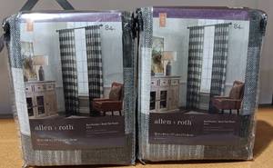 lot 30 image: YOUR BID X 2 ALLENROTH BLACK 50 X 84 TAB PANEL CURTAINS IN PACKAGE AS SHOWN.