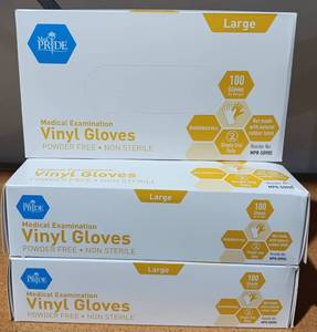 lot 37 image: YOUR BID X 3 MED PRIDE MEDICAL EXAMINATION VINYL GLOVES, LARGE, 100 GLOVES PER BOX AS SHOWN.