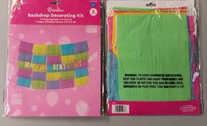 lot 45 image: YOUR BID X 7 NEW, UNOPENED RAINBOW BACKDROP HAPPY BIRTHDAY 6 PIECE DECO KIT IN PACKAGE AS SHOWN.