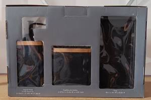 lot 58 image: HOTEL COLLECTION BLACK RESIN WOOD 3-PIECE BATH SET IN BOX AS SHOWN. RETAILS FOR $80.