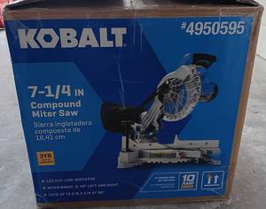 lot 70 image: KOBALT 7-14IN COMPOUND MITER SAW MO#4950595 IN BOX AS SHOWN. CHECK IT OUT