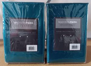 lot 82 image: YOUR BID X 2 NEW, UNOPENED MADISON PARK ESSENTIALS TEAL SATIN STANDARD PILLOWCASE SET MPE21-780 IN PACKAGE AS SHOWN.