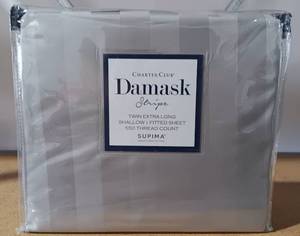 lot 87 image: NEW, UNOPENED CHARTER CLUB DASK STRIPE TWIN-XL SHALLOW FITTED SHEET, 550 THREAD, COUNT IN PACKAGE AS SHOWN. RETAILS FOR $50.