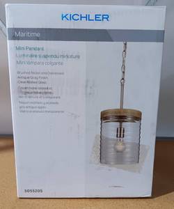 lot 106 image: KICHLER MARITIME MINI PENDANT LIGHT FIXTURE, MO#5055205, BRUSHED NICKLE FINISH, RIBBED CLEAR GLASS IN BOX AS SHOWN.