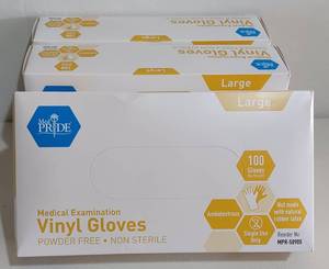 lot 145 image: YOUR BID X 3 NEW, UNOPENED MED PRIDE MEDICAL EXAMINATION VINYL GLOVES, 100 GLOVES, LARGE AS SHOWN.