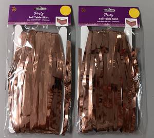 lot 188 image: YOUR BID X 10 NEW, UNOPENED FOIL TABLE SKIRT (ROSE GOLD) IN PACKAGE AS SHOWN.