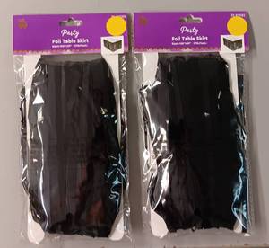lot 189 image: YOUR BID X 10 NEW, UNOPENED FOIL TABLE SKIRT (BLACK) IN PACKAGE AS SHOWN.