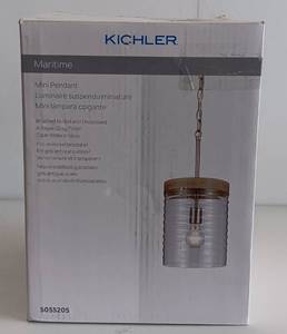 lot 204 image: KICHLER MARITIME MINI PENDANT LIGHT FIXTURE, BRUSHED NICKLE FINISH, RIBBED CLEAR GLASS IN BOX AS SHOWN