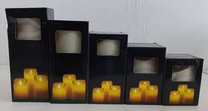 lot 253 image: YOUR BID X 5 NEW, UNOPENED LED PLASTIC SWING CANDLES IN ASSORTED SIZES AS SHOWN.