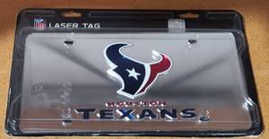 lot 284 image: NEW, HOUSTON TEXANS LASER CUT CHROME LICENSE PLATE IN PACKAGE AS SHOWN. OFFICIALLY LICENSED PRODUCT.