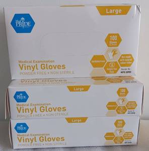 lot 327 image: YOUR BID X 3 NEW, UNOPENED MEDICAL EXAMINATION VINYL GLOVES BOXES AS SHOWN. 100 GLOVES PER BOX, SIZE LARGE.