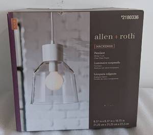 lot 333 image: ALLENROTH MACKENSIE PENDANT LIGHT FIXTURE, WHITE FINISH, CLEAR GLASS SHADE MO#KIL8991A IN BOX AS SHOWN.