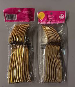 lot 242 image: YOUR BID X 19 NEW, UNOPENED PLASTIC FORKS (GOLD), 12PK, AS SHOWN.