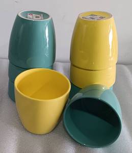 lot 246 image: YOUR BID X 8 NEW, STONEWARE FLOWER POTS (BLUE AND YELLOW) AS SHOWN. 4.72 X 4.52 EACH.