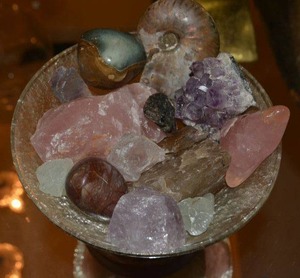 lot 107 image: Bowl of Crystals - Amethyst, Citrine, pink and green crystals