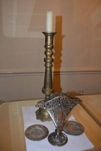 lot 112 image: 24 Brass Candle stick, Vintage Godinger Silver Art silver plate Fan Vase and silver plate coasters