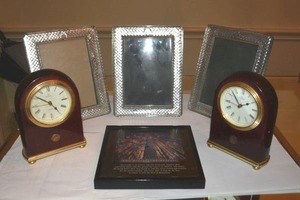 lot 111 image: (3) Clear crystal photo desk frames, (2) Desk clocks, The Essence of Success Print