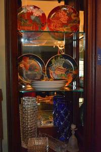 lot 119 image: Williams Sonoma Lunar Salad Plates, Crystal Vase, vintage rectangle bowls, and Cobalt Blue crystal candle lantern.