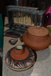 lot 129 image: Native American pottery signature on bottom (Non treated clay pot for making yogurt and fermented foods, (2) Z Gallerie Marble 5 Bud Vase holders. Agate coasters.