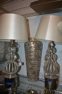 lot 149 image: Z Gallerie mosaic floor vase, and pair of Glam Silver lamps with clear beads.
