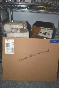 lot 151 image: Box from Nuts.com Organic Walnut Date Rolls - 15 lbs., Mirrored box, Z Gallerie X-Mas Snow and ornaments