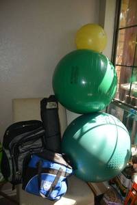 lot 103 image: Exercise Yoga Balls (one is Gaiam), Grounding Mat for yoga, Weight Watchers Scale, Backpack and insulated lunch bag
