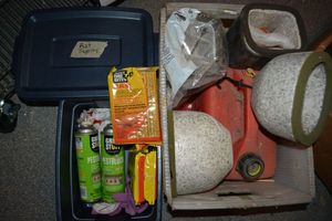 lot 183 image: Gas can, outdoor faucet covers, Rat bars, Great Stuff Pest Blocker