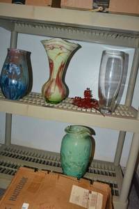 lot 190 image: Crystal clear vase, GreenPink Blown Glass Vase from France, 2 Crystalline Gallery Artisan Designer Vases - one signed M Brown 2017 other signed M Brown 2018, and  Green Hand blown glass vase, Janga Dancer Mask