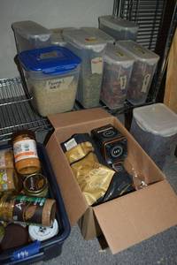 lot 196 image: LocknLock Containers with Organic Prep Food Peanut Butter, Almond Butter, Harney & Sons Teas, Fennel Seed, Pepitas, Chia, Black Bean Flakes, Chives, Dries Papaya