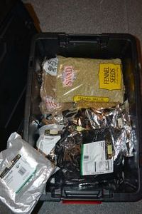 lot 211 image: Organic Prep Food (Black tote included) Tumeric Root, Fennel and Cumin seeds, Cheddar and spice popcorn seasoning, flat cinnamon stick and more