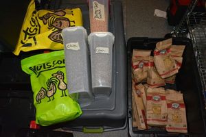 lot 218 image: Prep Food lot - All Food is Organic, natural and Sulfur Free Montebello Pastas, Chia seed, Butterscotch chips, Cashews, Walnuts