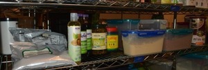 lot 225 image: Prep Food lot - All Food is Organic, natural and Sulfur Free Psyllium Husk powder, Spirulina, Almond oil, Molasses, bread and butter pickles, Ginger, Carob, Instant Oats, Shredded coconut, Sea salt, Cayenne, Chili powder