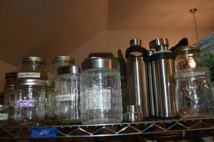 lot 231 image: Clear Mason Jars, Cannisters, Stainless steel and glass bottles