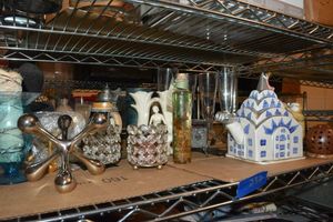lot 232 image: Home Dcor King Kong Tea pot, Votive candle holders, Champagne Flute glasses, Buddha statue, Beer Stein