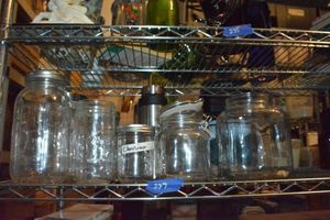 lot 237 image: Mason jars, Clear cannisters, Blue cannister