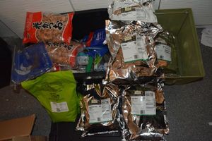lot 250 image: Prep Food lot  (Black tote included)- All Food is Organic, natural and Sulfur Free Japanese Snacks, Pinto Beans, Vegetable Soup blend, Dark Chocolate Chips, Tomato flakes, Buttermilk powder, Skullcap Herb
