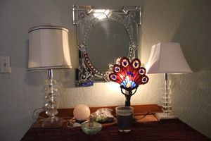 lot 328 image: Lamps, Candle, Oil Bottle, Glass Dish, Stained Glass Lamp, Assortment.